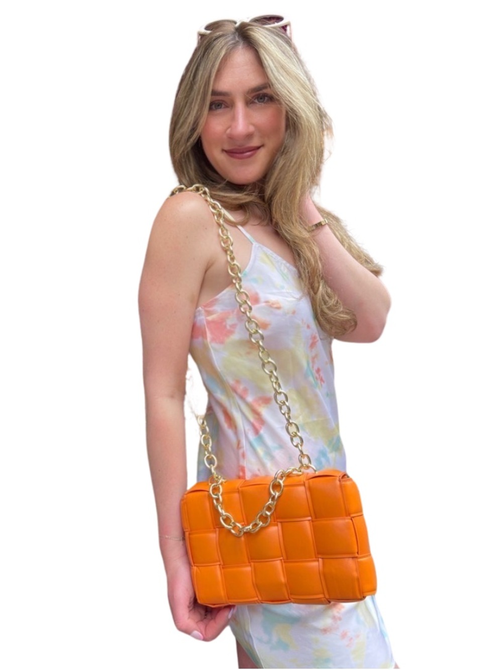 Quilted Chain Crossbody Bag in Orange